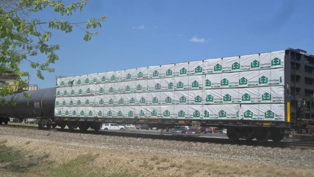 Rail shipment of OSB panels from West Fraser, illustrating North American OSB supply and logistics.