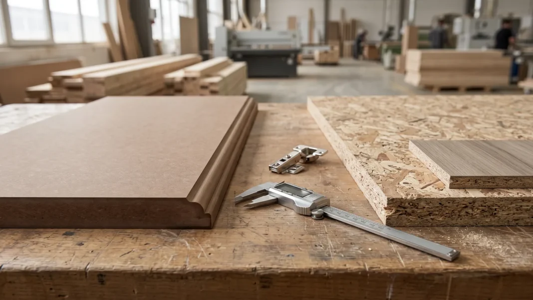 MDF and particleboard panels compared on an industrial workbench
